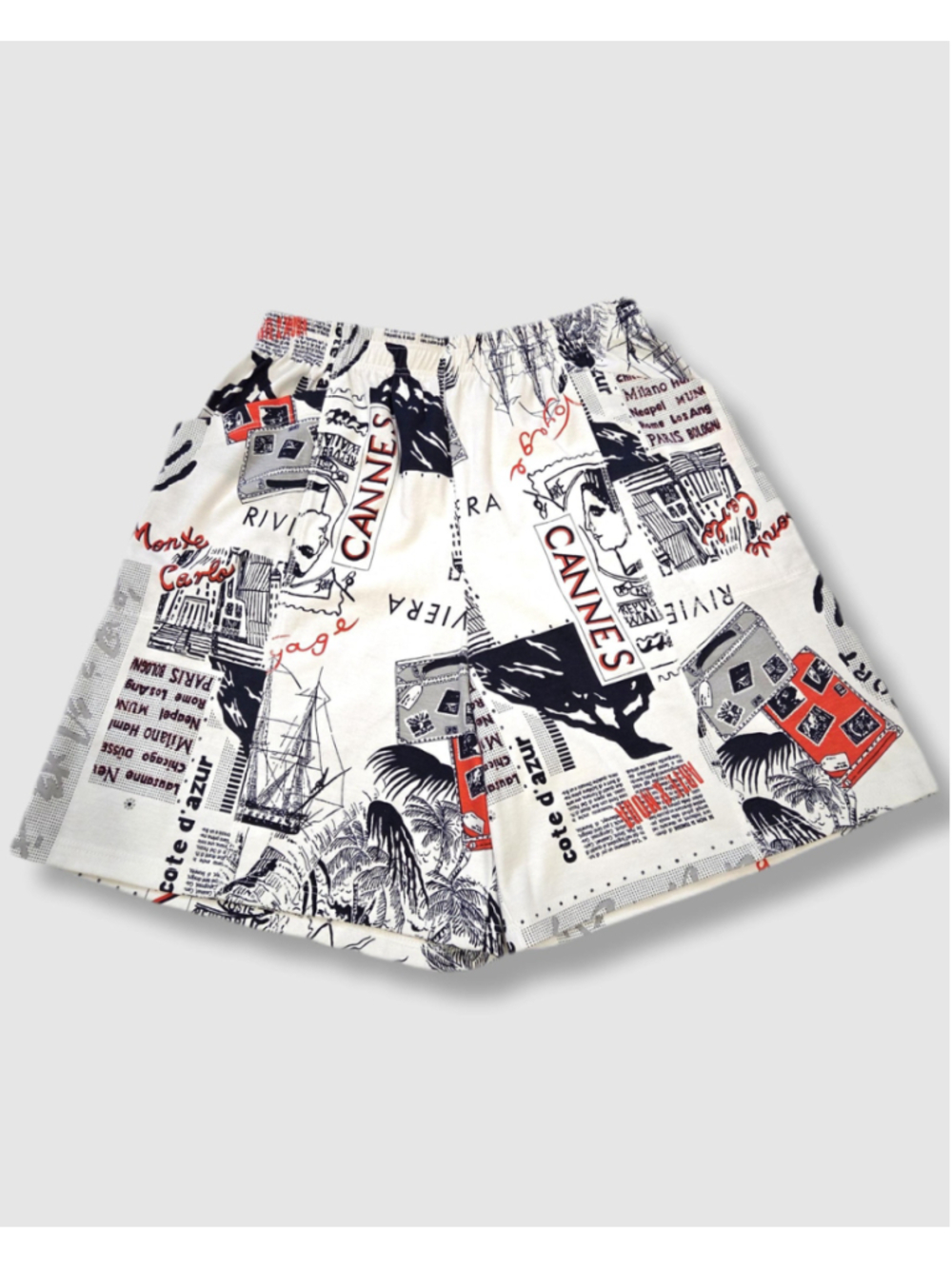 Vintage Katou Pull‑On Shorts, Elastic Waist M-L, Blue Red Side Pockets
